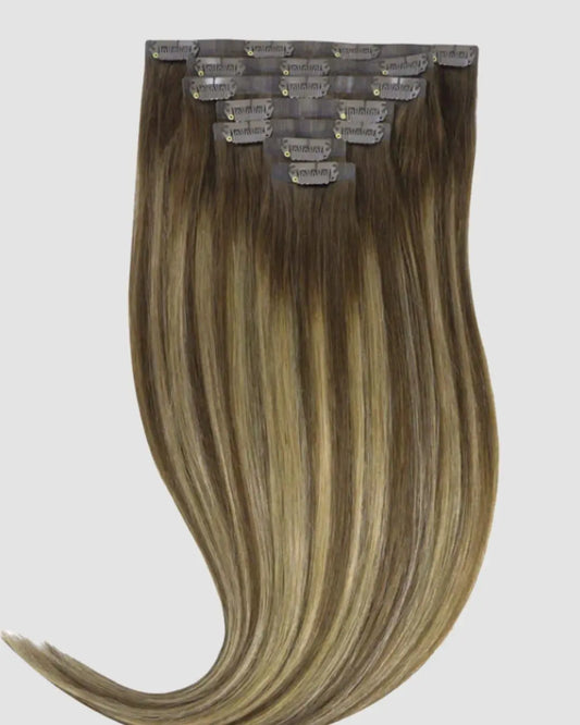 PU Clip-in 4/27/4 – Mörkbrun & Karamellblond Balayage