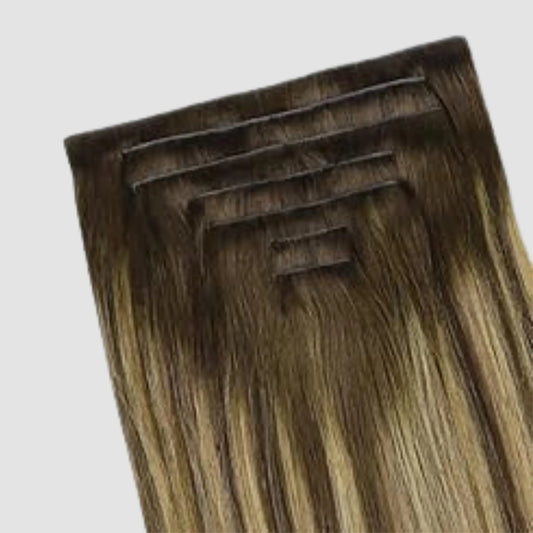 Invisible Clip-in 4/27/4 – Mörkbrun &amp; Karamellblond Balayage Bsextensions