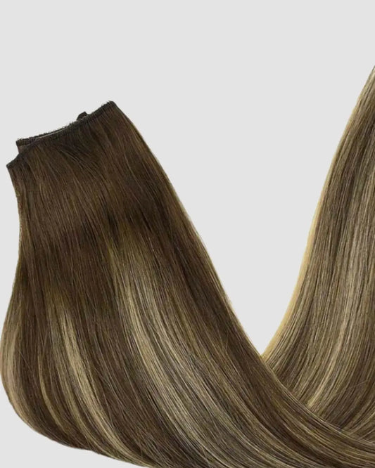 Halo Extensions  – Djup Brun Balayage med Varma Blonda Skiftningar, #4/26/4