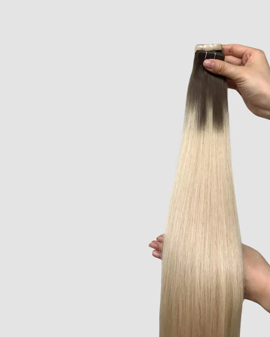Tape-in Extensions – Mörkbrun till Platinablond Balayage T9-60