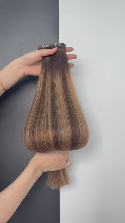 Tape-in Extensions, Naturlig Mörkbrun Balayage R2-4/8